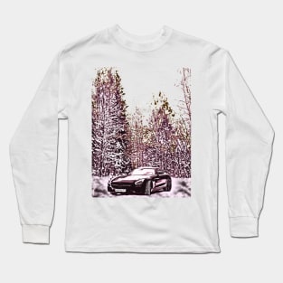 The car is covered in snow against a backdrop of cypress trees Long Sleeve T-Shirt